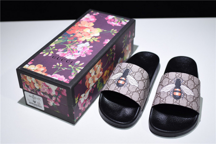 gc leather slide sandal with plaid bee